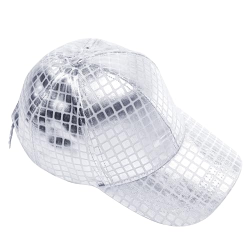 JJDreams PU Leder Baseballkappe Hip Hop Baseball Unisex Basecap Verstellbar Rapper Hut für Karneval Fasching Festival,Silber
