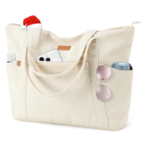 Lekespring Cord Tasche Damen, Groß Tote Bag Strandtasche mit Reißverschluss, Shopper Tasche Damen Laptoptasche mit 17 Zoll Laptopfach, Elegant Handtasche Umhängetasche für Arbeit Schule Gym-Beige
