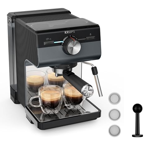 KRUPS Authentic+ Espresso-Siebträgermaschine, 15 bar, intuitive Bedienung, raffiniertes Design, Dampfdüse, inkl. umfangreichem Zubehör, Bullet Dark Silver/Edelstahl, XP384G10