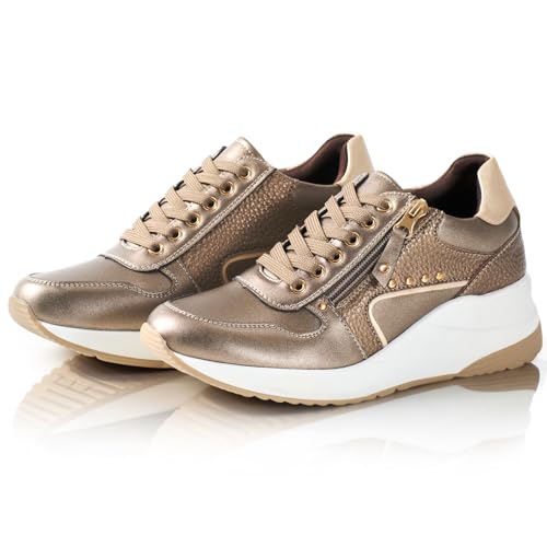 Genesandro Sneaker mit Keilabsatz Damen Echtleder Mode Keilsneaker Plateau Freizeitschuhe Casual Schuhe für Alltagskleidung (Taupe, 37)