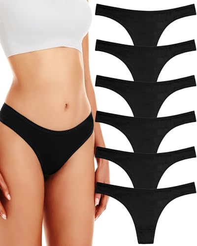 ANZERMIX Damen Atmungsaktive Thong Baumwolle String Unterwäsche 6er Pack (Black-6PK, M)