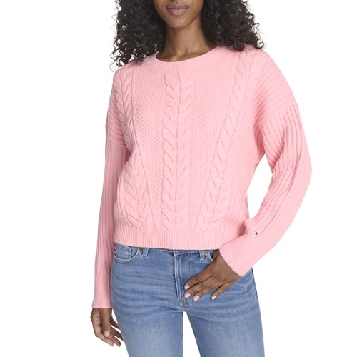 Tommy Hilfiger Damen Solid Cable Crewneck Bobbi Sweater Pullover, English Rose, Mittel