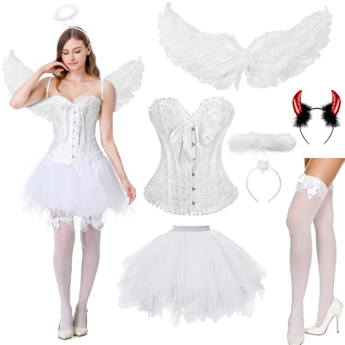 JONRRYIN Schwarz Engel Kostüm, Engel und Teufel Flügel Kostüm, engelsflügel kostüm damen mit Damen Schnürkorsett Top, Tüllrock, Heiligenschein und Teufel Hörner für Halloween Karneval (Weiß-B, XL)