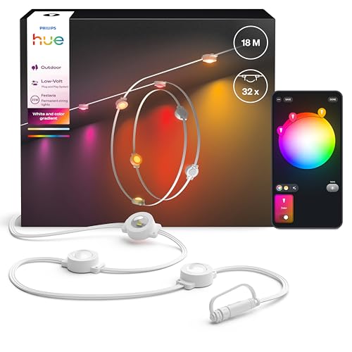 Philips Hue Festavia Permanent Lichterketten für den Außenbereich, 18 m, 32 Lichter, 55 Lumen je Licht, dimmbar, wetterfest, wasserfest, White und Color Ambience, weißes Kabel