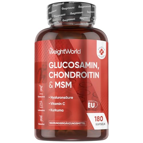 Glucosamin Chondroitin & MSM - 180 Kapseln - Vitamin C trägt zur normalen Kollagenbildung für Knochen & Knorpelfunktion bei (EFSA) - Mit Kurkuma & Hyaluronsäure - WeightWorld