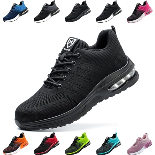 Nasogetch Sicherheitsschuhe Damen Herren Stahlkappenschuhe Arbeitsschuhe Sportlich Atmungsaktiv Schwarz EU 38