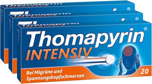 Thomapyrin INTENSIV bei Migräne & intensiveren Kopfschmerzen | 3x20 Stk Vorteilspack|Hochdosierte 3-fach Kombination aus ASS, Paracetamol und Coffein | Wirkt 20 min schneller als Ibuprofen 400 mg