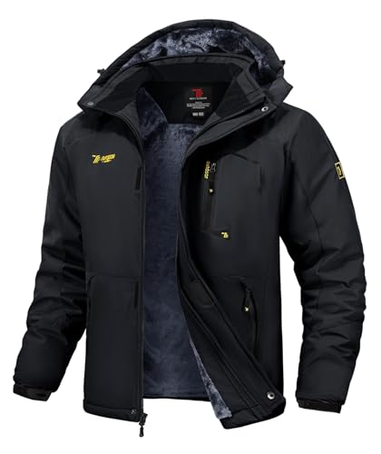 Rdruko Skijacke Herren Warme Winterjacke Gefüttert Verdickt Softshelljacke Wasserdicht Snowboardjacke Atmungsaktiv Funktionsjacke mit Abtrennbarer Kapuze(Schwarz, M)