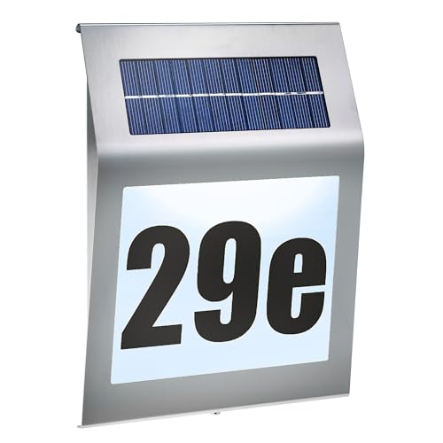esotec Hausnummer beleuchtet Solar STYLE | DUO COLOR Hausnummernschild Dämmerungsschalter außen | LED-Außenleuchte Wandleuchte aussen Hausnummernleuchte | EDELSTAHL METALL IP34 wetterfest 102031