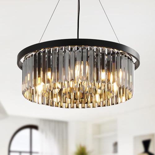 YZBEIMDAI Luxus Kristall Kronleuchter Moderne Pendelleuchter, 9-Licht Schwarz Kristall Kronleuchter Rund Hängellampe für Wohnzimmer, Esszimmer,Schlafzimmer, Restaurant, Ø60cm