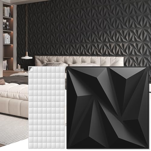 Art3d 3D-Wandpaneele Innenwanddekoration mit Klebeband PVC-Diamant für Wohnzimmer Lobby Schlafzimmer Hotel Büro 30 x 30 cm 20 Stück Schwarz