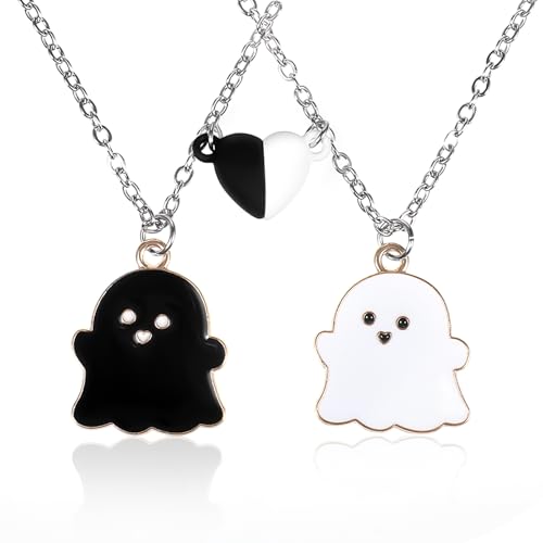 HekouJiub 2 Stück Geister Freundschaftskette Magnetische Halskette mit Geister Anhänger Herz Paar Halskette Freundschaftsketten Anhänger Halsketten für Damen Frauen Halloween Geburtstagsgeschenk