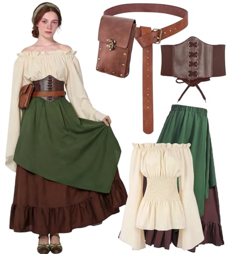 kasahara 5pcs Mittelalter Kleidung Damen Set, Retro Off Shoulder Bluse Kleid Renaissance Kostüm Victorian Bekleidung Maxi Dressm mit Corsett, Gürteltasche, Gürtel, Karneval Faschingskostüm (Green, L)