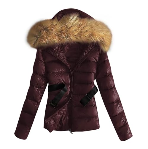 Daunenjacke Damen - Glänzende Winterjacke Daunenmantel Mit Fellkapuze Puffer Jacke Steppjacke Pufferjacke Warme Gesteppter Parka Dicke Outdoor Jacken Winter Mantel Steppmantel Frauen Grün Kaffee M L S