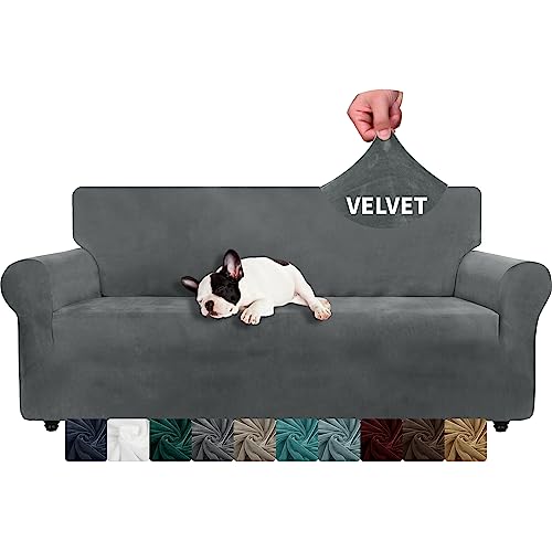 XINEAGE Thick Velvet Sofabezüge 3-Sitzer Super Stretch rutschfeste Couchbezug für Hunde Katze Haustierfreundlich 1-teilige elastische Möbel Protector Plüsch Sofa Schonbezüge (3 Sitzer, Grau)