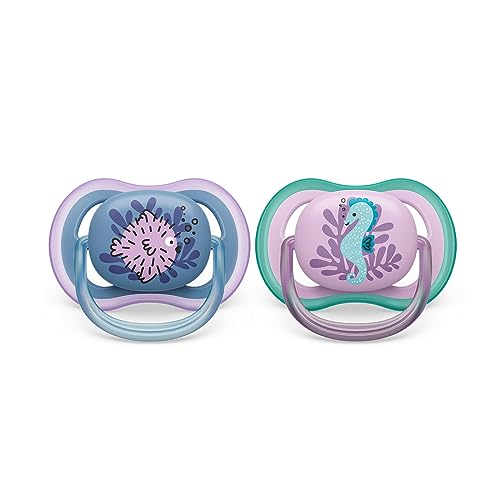 Philips AVENT ultra air Schnuller - 2er Pack, BPA-freier, atmungsaktiver Schnuller für Babys von 6-18 Monaten, inklusive Transport- und Sterilisationsbox, Seepferdchen/Kugelfisch (Modell SCF085/61)