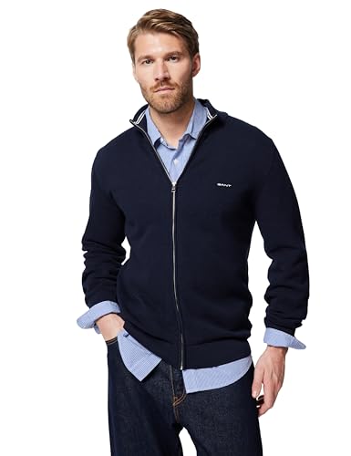 GANT Herren Cotton Pique Zip Cardigan Strickjacke, Evening Blue, L EU