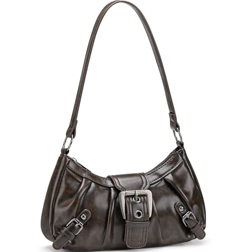 WantGor Frauen Schultertasche Clutch Tote Taschen Top Griff Tasche Reißverschluss Vintage Handtasche Schnalle Punk Hobo Taschen Trendy Unterarmtasche (Braun)