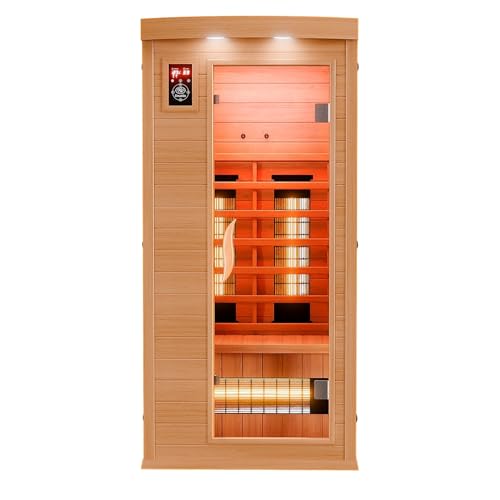 Dewello® Infrarotkabine Infrarotsauna Pierson 90x90 für 1 Person aus Hemlock Holz mit Vollspektrumstrahler, Bodenstrahler, LED-Farblicht, Bluetooth, FM,MP3,USB