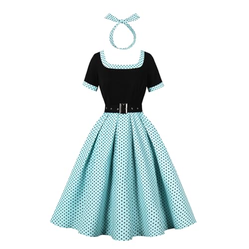 Odizli Rockabilly Kleider Damen Elegant Vintage 50er Jahre Petticoat Kleid Sommer Kurzarm Polka Dot Gepunktet A Linie Swing Knielang Sommerkleid Hochzeitsgast Festlich Cocktailkleid Grün XXL