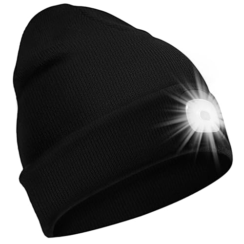 SPGOOD LED Beanie Beleuchtete Mütze mit Licht,Wiederaufladbare Winter Warm LED Haube mit Lampe für Angeln,Jogger,Camping,Laufen,Geschenke für Männer Frauen(Schwarz)