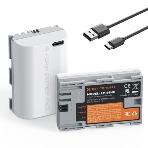 K&F CONCEPT LP-E6NH Kamera-Akku, Upgraded 2600mAh hohe Kapazität mit Typ C Direktladeschnittstelle Kompatibel mit Canon EOS 90D/80D/70D/5D Mark II III IV/5DS SR/6D/6D Mark II/R5 R6 R6 II R7 (2 Akkus)