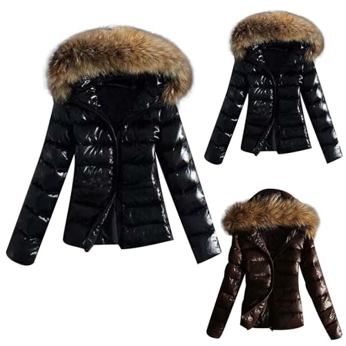 Winterjacke Damen Warm Daunenjacke Winddicht Kapuzenjacke mit Abnehmbarer Kunstfell-Kragen Jacke Damen Winter Leichte Steppjacke Glänzend Wintermantel Schwarz Daunenjacken Parka Verdickte Outdoorjacke