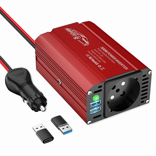 BGFOX 300W Spannungswandler DC 12V auf 230V AC Wechselrichter Modifizierte Sinus Stromumwandler mit 4.8A-Dual-USB-Anschluss, Laden Sie Ihr Laptop,für iPhone, iPad, Tablet Und Mehr - Rot
