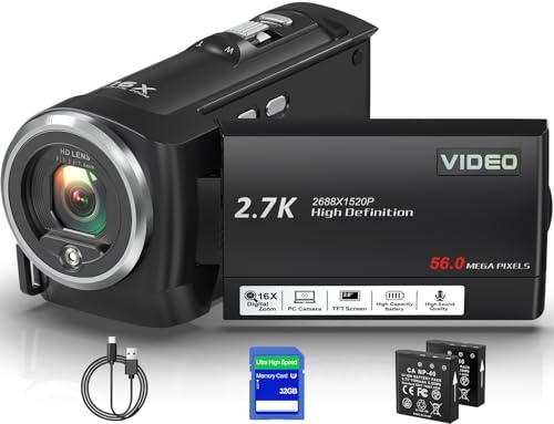 Delmodes Videokamera 2.7K 56MP Camcorder 16X Digitalzoom Vlogging Camera mit LED-Fülllicht für YouTube, 2.8