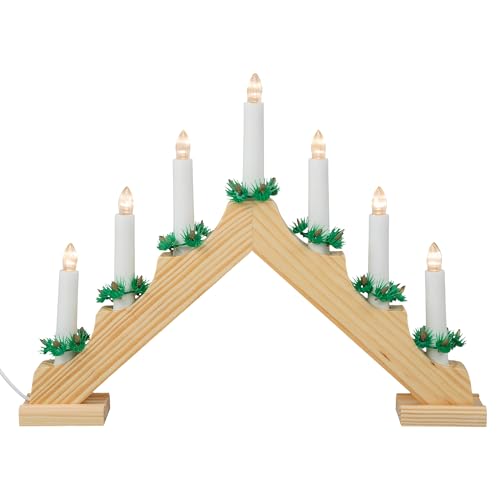 Idena 8582088 - LED Adventsleuchter mit 7 LED Kerzenlichtern in Warmweiß, Schwibbogen aus naturfarbenem Holz, mit Ersatzlampe und Schalter, Deko für Innen, als Winter-, Advents- und Weihnachtsdeko