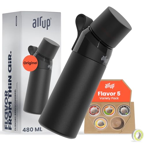 air up® Twist Pro Flasche Steel Starter Set Original aus Edelstahl inkl. Pods in 5 Geschmacksrichtungen, zuckerfrei I 480ml Isolierflasche mit Geschmack, hält Wasser 14 Std. kalt I Schwarz