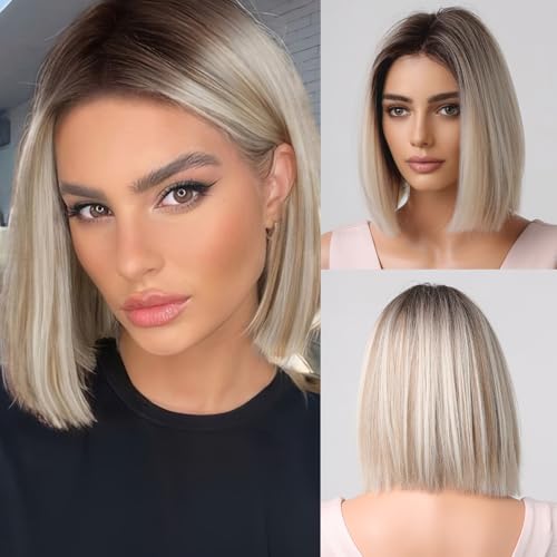 testar Kurze Blonde Perücke Für Frauen 12 Zoll Kurze Gerade Ombre Blondine Perücken Natürliche Echthaar Perücken Synthetische Leimlose Perücken Für Die Tägliche Partykleidung Von Frauen