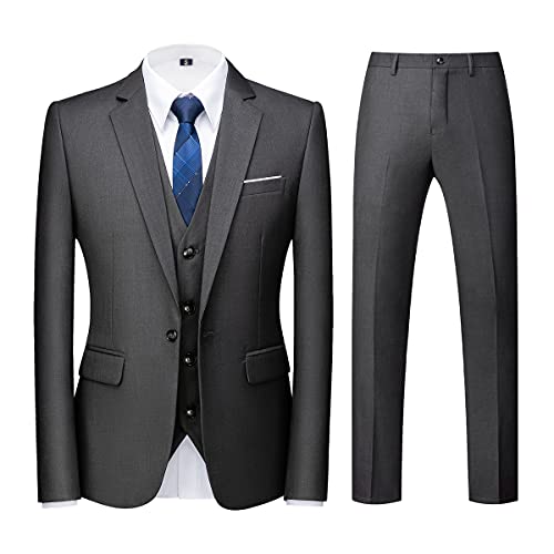 KUDORO Herren Anzüge 3-teilig Slim Fit Eine Knöpfe für Hochzeit Business Herrenanzug Sakko Weste Hose(Dunkelgrau,3XL)