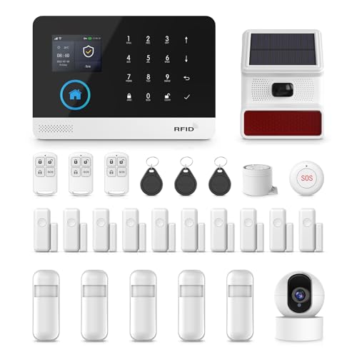 PGST Alarmanlage 26-teiliges,Home Alarmanlage Haus mit APP,4G/WLAN Alarmanlage Set mit Outdoor Sirene,Kamera,Fenster Tür Sensoren,Bewegungsmelder,RFID und Fernbedienungen,Funktioniert mit Alexa
