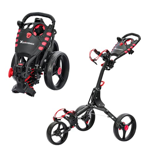 XDriveMax GC408 Golf Trolley 3 Rad,Golftrolley Klappbar,Leichter Golf Trolleys für Golfschläger und Golfbag, mit Getränkehalter,Scorekartenhalter und Ablagefach(Rot)