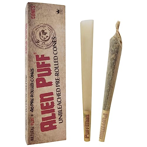 Alien Puff 40 Große Größe Konisch Vorgedrehte Hülsen, (King Size 108 mm Konisch Papiers Hülsen) Long Papers, Mit Spitzen & Packschläuchen Enthalten Langsam Brennend und Ultradünn, Zigarettenpapier