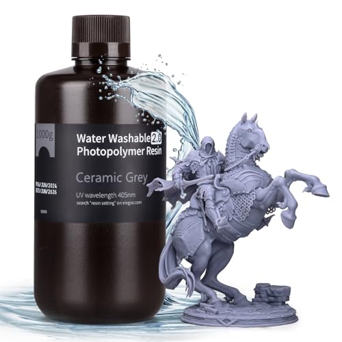 ELEGOO Upgraded Wasser Waschbares 3D Drucker Resin 2.0, Schnell Aushärtendes Photopolymerharz für LCD DLP SLA Resin Drucker, 395-405nm UV-Aushärtung 3D-Druckflüssigkeit, Grau 1000g