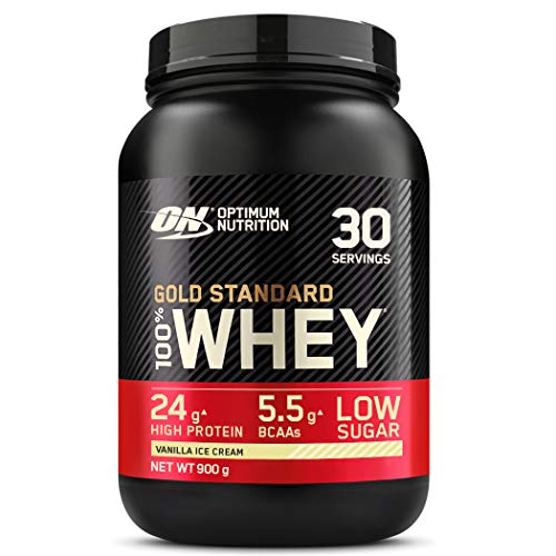 Optimum Nutrition ON Gold Standard Whey Protein Pulver, Eiweißpulver zum Muskelaufbau, natürlich enthaltene BCAA und Glutamin, Vanilla Ice Cream, 30 Portionen, 900g, Verpackung kann Variieren