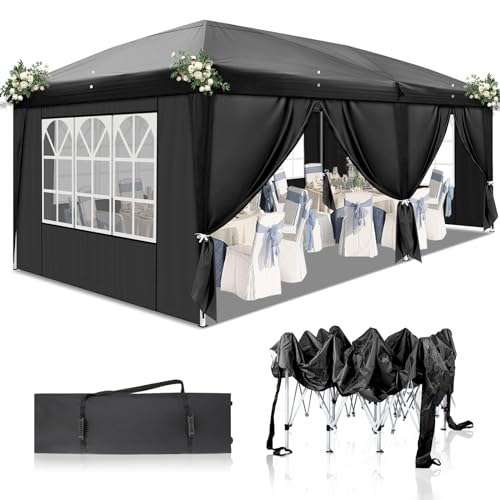 TactFire Pavillon 3x6 m,Faltpavillon,Wasserdicht Stabil Winterfest UV Schutz 50+,420D Oxford,Faltbar Höhenverstellbar,Partyzelt,Gartenzelt,Für Garten Camping,Outdoor,Schwarz,6 Seitenteilen