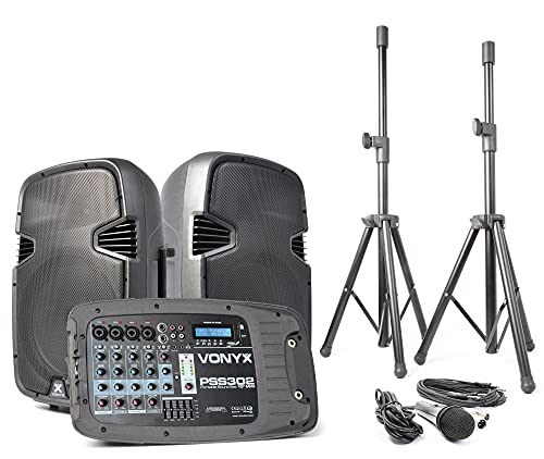 Vonyx PSS302 - PA Anlage Komplettset mit Mischpult, Beschallungsanlage, 300 Watt, DJ Anlage PA Lautsprecher Set mit Mikrofon und Stativen, Bluetooth, USB, SD, Fernbedienung, DJ, Sänger, Vorträge