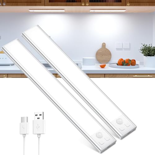OUILA Unterbauleuchte Küche LED Schrankbeleuchtung mit Bewegungsmelder USB-C wiederaufladbar LED-Licht Dimmbar kabellos Nachtlicht für Küche Kleiderschrank Schrank 20.5CM 2 Stück
