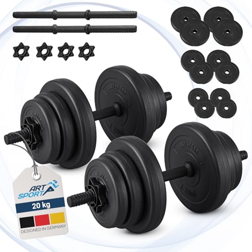 ArtSport® 2er Hantelset 20kg - Kurzhantel Set mit 2 Kurzhanteln, 12 Gewichte/Hantelscheiben und Sternverschlüsse - Krafttraining Kurzhantelset Hantel