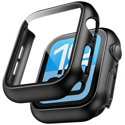 TAURI 2 Stück Harte PC Hülle für Apple Watch SE 3/2/1 /Series 6 5 4 44mm, [360° stoßfest] mit 9H Gehärteter Glas Displayschutz und Hoher Empfindlichkeit, Kratzfeste Schutzhülle - Schwarz