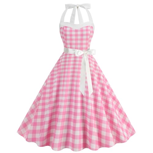 maxToonrain Damenkleid im 50er-Jahre-Stil, gepunktet, 1950er-Jahre-Stil, Cocktail-Party, Abendkleid, 50er-Jahre-Kostüm für Erwachsene, Plaid rosa, M