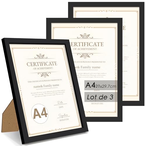QPQIYIY Bilderrahmen A4 (21x29,7 cm) 3er set, Schwarz Bilderrahmen Hergestellt aus Holzwerkstoff, Rahmen A4 ideal für Fotos, Bilder, Poster