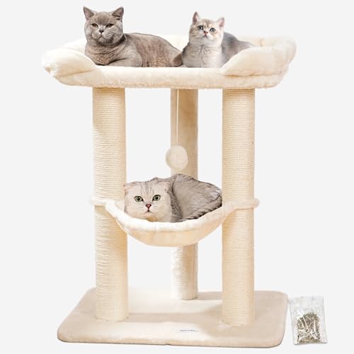 Happi N Pets 71 cm Kratzbaum für Katzen, Hoher Kratzstamm mit großem Bett für große Katzen, Sisal-Kratzbaum mit weicher Liegefläche & Hängematte, Stabiler Katzenbaum, Abnehmbarer Bezug-Beige