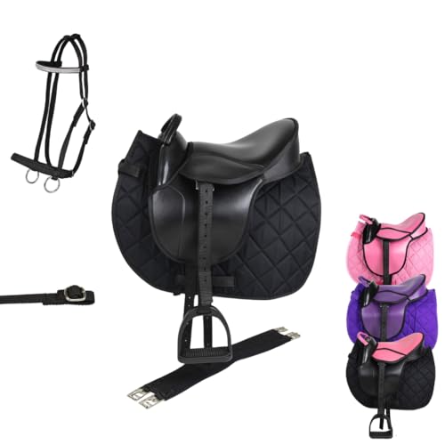 Marengos - Holzpferd Sattel Set | Sattel für Holzpferd mit Sattelgurt, Schabracke, Trense, Steigbügel & -Riemen | Sattel aus Kunstleder | Sattel-Typ Advanced in schwarz | Größe 12