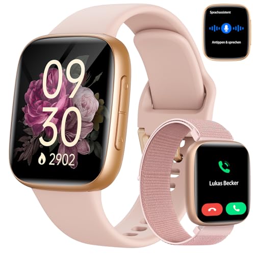 Smartwatch Damen mit Bluetooth Anrufe & KI, 1,85″ AMOLED Touchscreen Fitnessuhr mit Herzfrequenz,SpO2,Schlaf- und Frauenzyklus-Tracking,100+ Sportmodi,3ATM Wasserdicht Smart Watch für iOS & Android