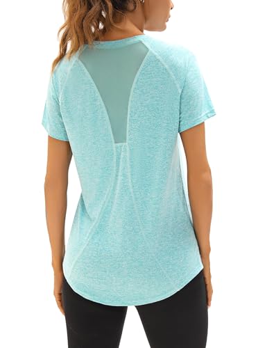 Wayleb Sportshirt Damen Kurzarm V-Ausschnitt Sommer Sport T-Shirts Sommer Leichtes Atmungsaktiv Back Mesh Laufshirt Fitness Gym Oberteile Frauen Longshirt Yoga Top, See blau L