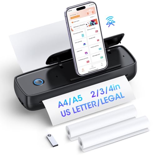 Aixiqee Portable Mobiler Drucker A4 für Unterwegs, Kabellos Bluetooth Thermodrucker Klein Reisedrucker Unterstützt A4, A5, 8.5